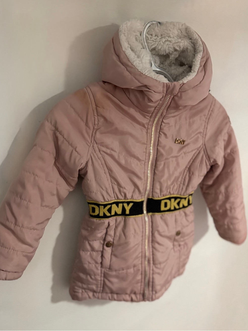 Dkny Pink Hooded Girls' Puffer Jacket with Branded Waistband